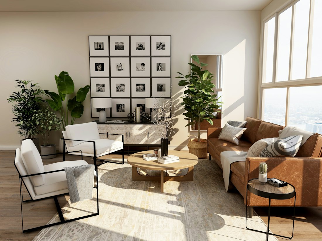 Warm, light-filled living room used in an illustrative website concept